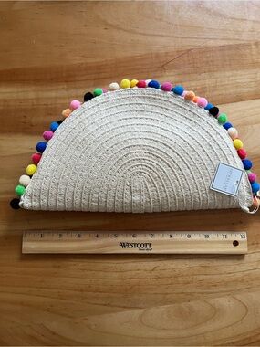 Shiraleah Pom-Pom Straw Half-Moon Clutch - Cream with Multicolor Pom Poms